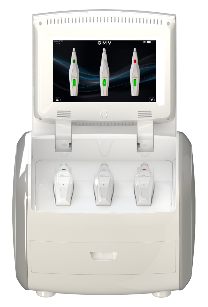GMV Plexr Plus device with charging base and three handpieces