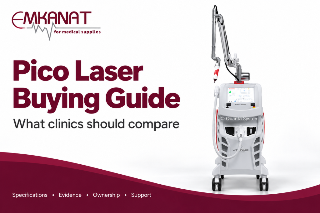 Discovery Pico laser system beside Emkanat’s clinic buying guide title and specification, evidence, ownership and support checklist