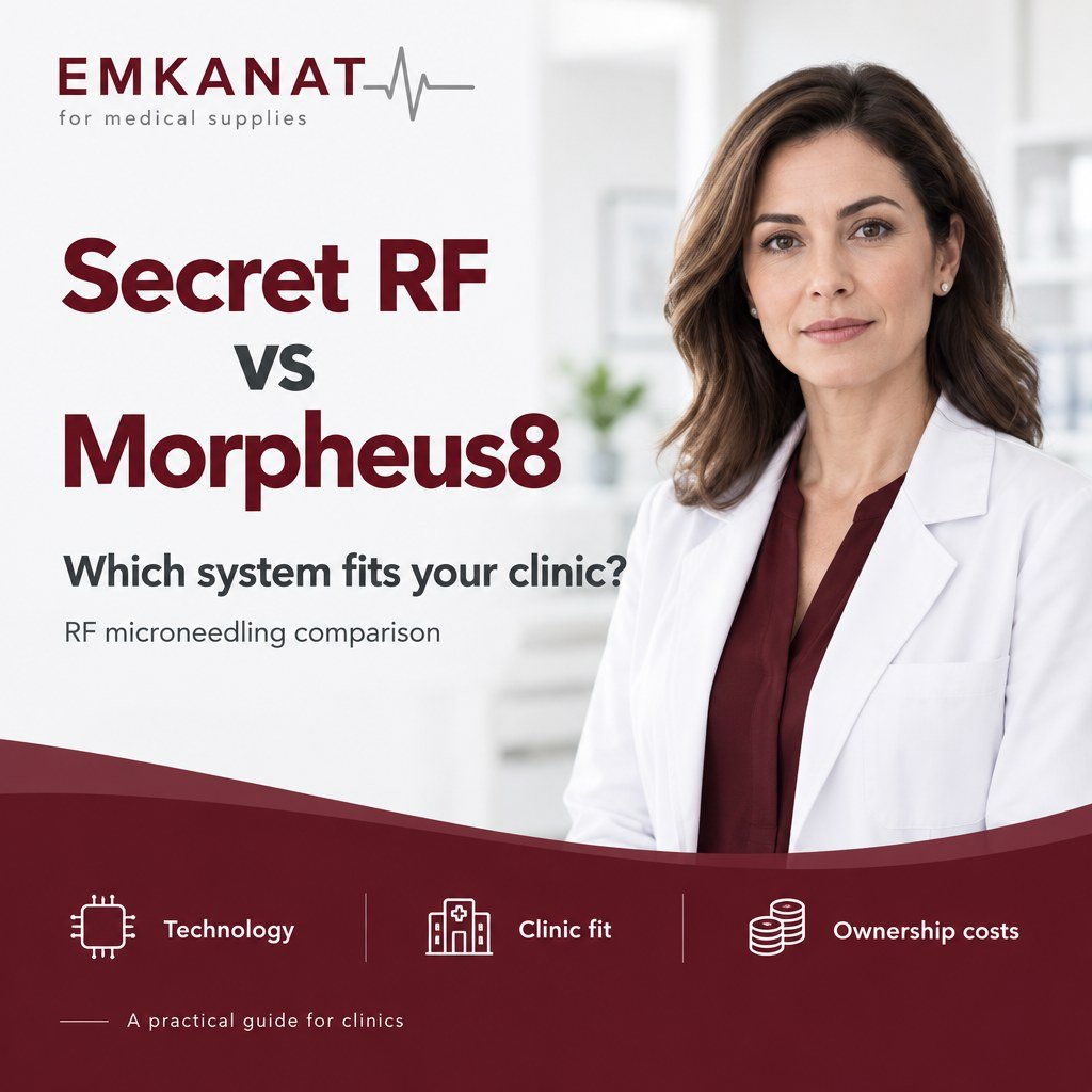 Secret RF vs Morpheus8 clinic comparison cover with an illustrated clinician and Emkanat branding